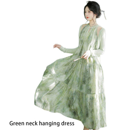 Women Chinese Style Green Halter Neck Long Dress Elegant Evening Gown