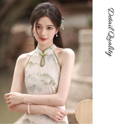 Spring Summer Silk Hemp Cheongsam Long Dress Improved Sleeveless Chinese Qipao