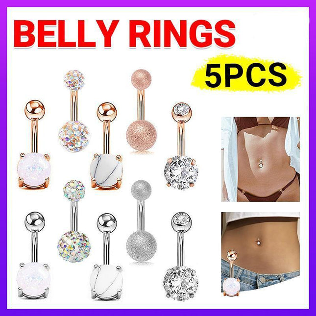 5Pcs Belly Bar Piercing Ring Crystal Zircon Surgical Steel Silver Jewellery - Aimall