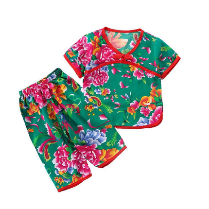 Cotton Pajamas Set Boys Girls Floral Short Sleeve Top and Pants Summer Sleepwear