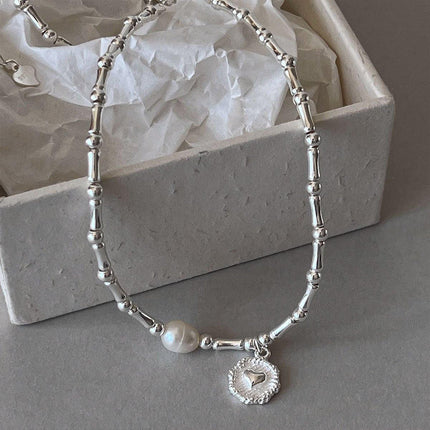 Handmade S925 Silver Bamboo Link Medallion Pearl Pendant Necklace INS Style Jewelry
