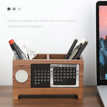 Black Walnut Wood Perpetual Calendar Pen Holder Desktop Organizer Office Storage