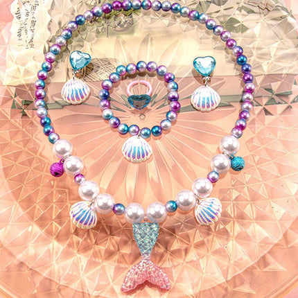Girls Mermaid Fishtail Jewelry Set Necklace Bracelet Shell Earrings Ring Gift