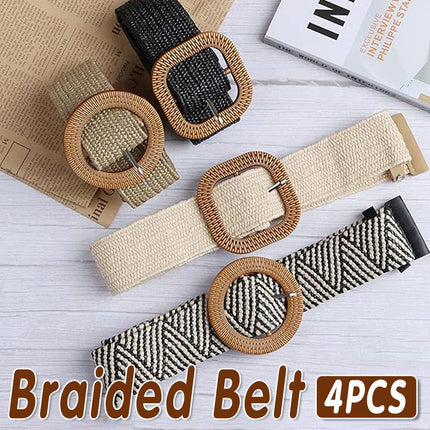 4PCS Womens Woven Cotton Linen Belt Set Round Square Buckle Long Shirt Dress