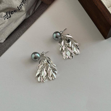 Gray Leaf Tassel Earrings pearl stud Sparkling Fashion Jewelry Women Gifts