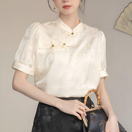 Women Satin Short Sleeve Blouse Chinese Button Top New Fashion Shirt Ladies