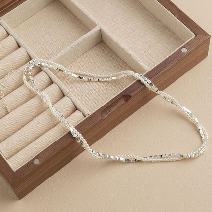 Double Layered Pearl Necklace Bracelet Set Silver Jewelry Women Fashion