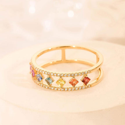 Rainbow Gold Ring Women Fashion Colorful Band Jewelry Gift 6-10 Sizes Ring