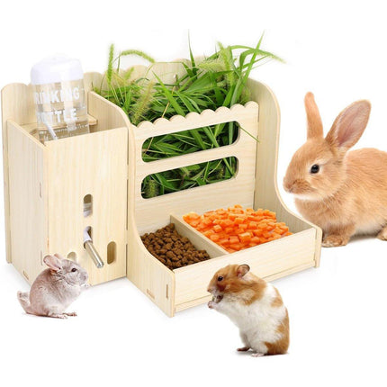 Wooden Feeder Stand Rabbit Guinea Chinchilla Food Basin Multi-Function Kettle
