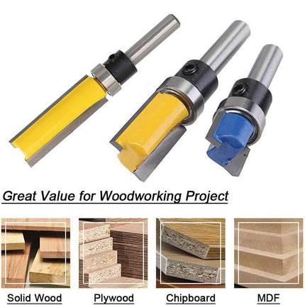 3PCS 1/4" Shank Flute Flush Trim Router Bit Set Top Bearing Milling Cutter Kit - Aimall