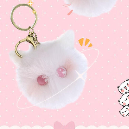 Plush Kitten Head Cartoon Keychain Rabbit Hair Pompom Keyring Bag Ornaments Gift - Aimall