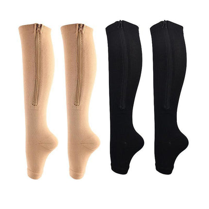 Zip Sox Compression Socks Zipper Leg Support Knee Open Toe Shaper Stockings Beige - Aimall