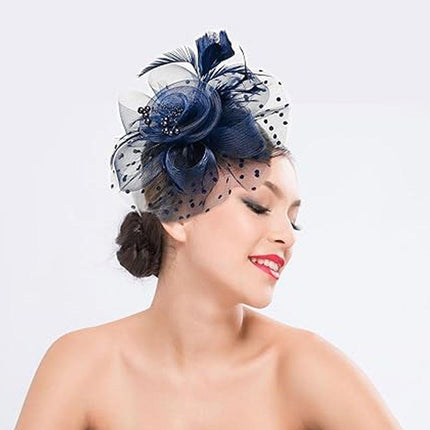Blue Vintage Bridal Headdress Feather Flower Mesh Hair Accessories for Cheongsam