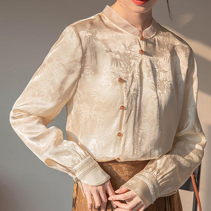 New Chinese Style Womens Top Stand-up Collar Long Sleeve Elegant Fashion Shirt