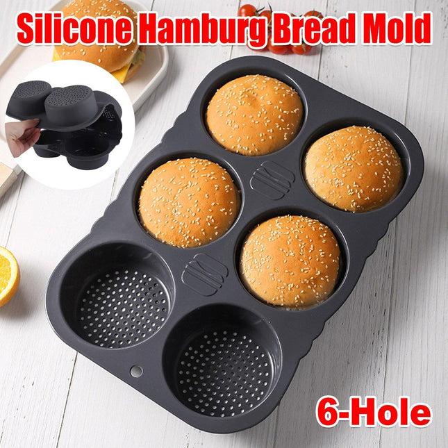 6 Cavity Silicone Hamburger Bun Pan Non Stick Burger Bread Mold Pans Baking Tool