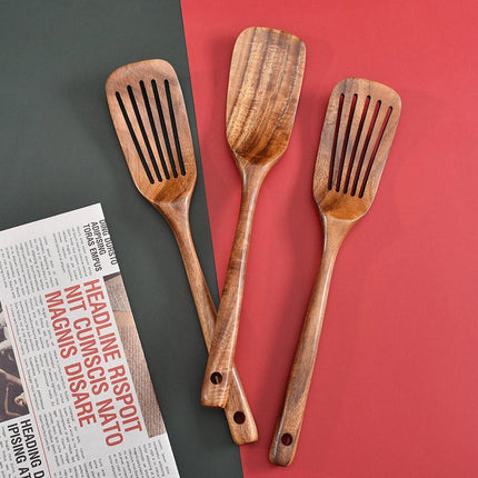 2pcs Wooden Frying Spatula Long Handle Stir Fry Spatula Kitchen Cooking Utensils