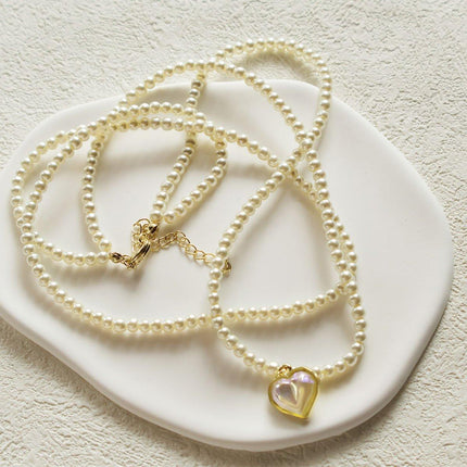 White Heart Pearl Double Layer Necklace Sweet Elegant Versatile Jewelry Gift
