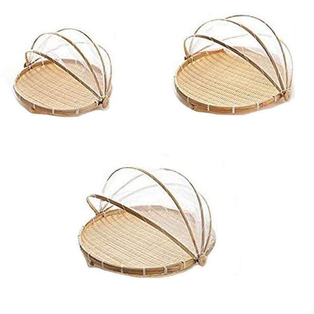 Bamboo Storage Basket with Mesh Cover for Fruit Vegetables Food Buns Kitchen