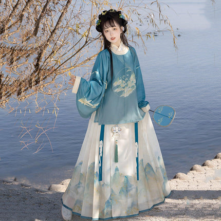 Hanfu Women Traditional Ming Style Round Neck Gown Horsefaced Skirt Set Dress - Aimall