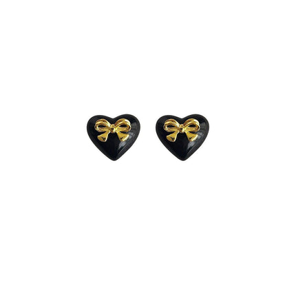 Elegant Black Heart Earrings with Golden Bow for Girls Sweet Fashion Jewelry