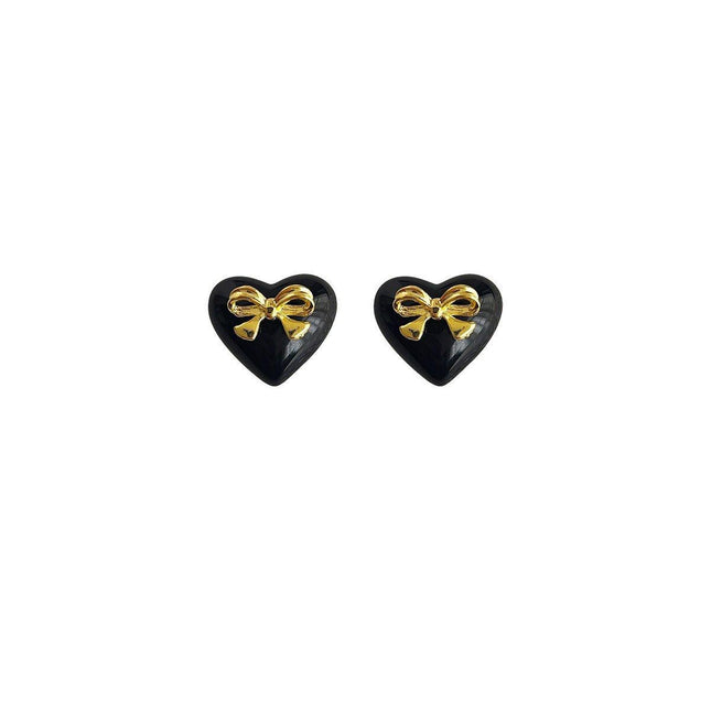 Elegant Black Heart Earrings with Golden Bow for Girls Sweet Fashion Jewelry