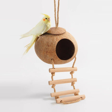 Natural Coconut Bird Nest Cage Pet Parrot Parakeet Safe Hut Feeder Shell Home - Aimall