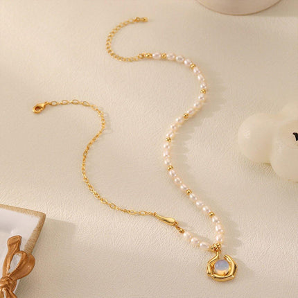 Vintage Moonstone and Pearl Necklace with Chain Fashion Jewelry Women and Girls