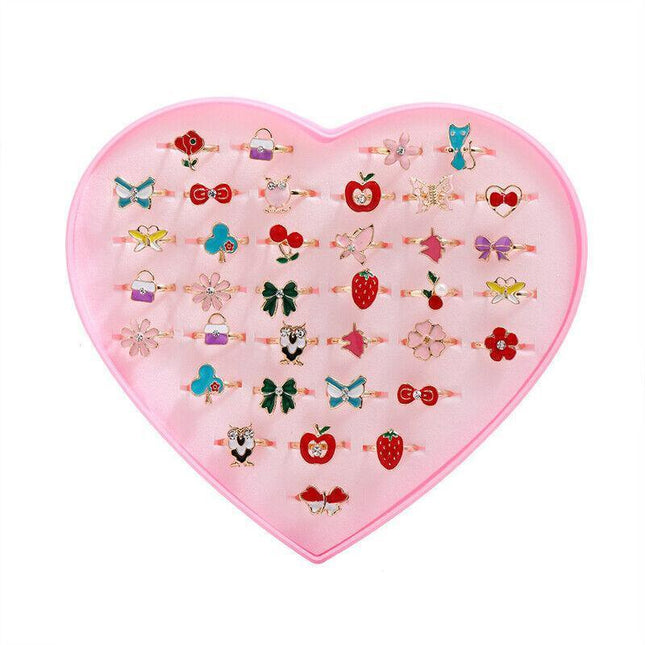 36Pcs Kids Girls Cartoon Cute Adjustable Rings Crystal Rings Xmas Jewelry Gift - Aimall