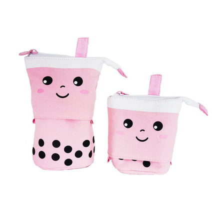 Cute Bubble Tea Cartoon Stationery Box Retractable Standing Pencil Holder Case