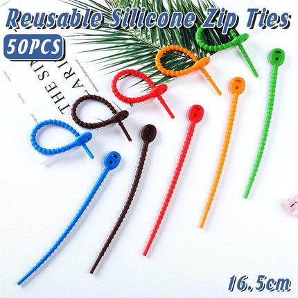 50PCS Reusable Silicone Sealing Cable Ties Food Storage Bag Clips Cord With Hole