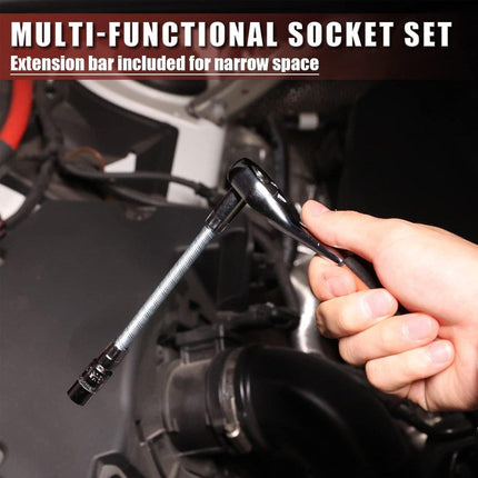 53PCS Metric Deep Socket Set 1/4" Drive Wrench with Flexible Extension Bar Tools