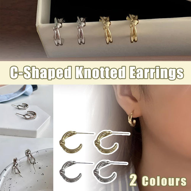 Knotted C-Shaped Double Layer Metal Earrings Alloy Fashion Jewelry for Women - Aimall