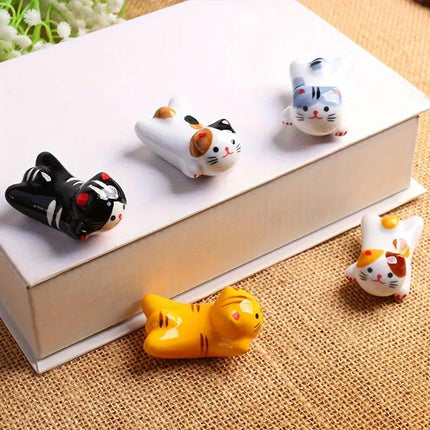 5PCS Cute Kitten Ceramic Chopstick Holder Set Cat Chopsticks Rack Pen Rest Craft