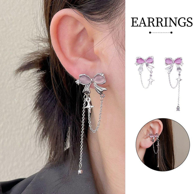 Elegant Bow Tassel Zircon Oil Drop Fashion High-end Clip-on Earrings