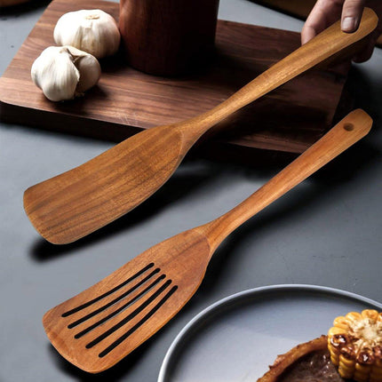 2pcs Wooden Frying Spatula Long Handle Stir Fry Spatula Kitchen Cooking Utensils