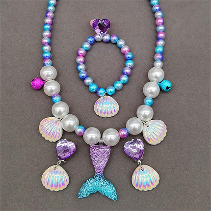 Girls Mermaid Fishtail Jewelry Set Necklace Bracelet Shell Earrings Ring Gift