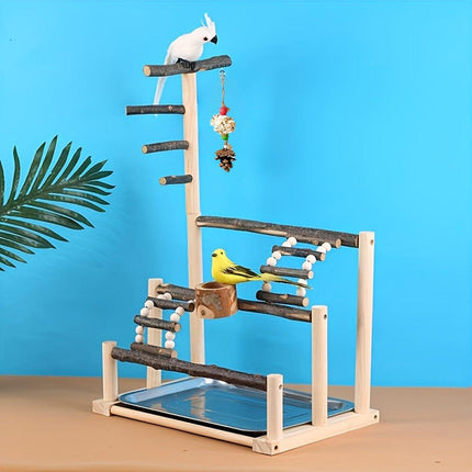 Wooden Parrot Stand Pole Interactive Bird Stand with Food Bowl Climbing Ladder