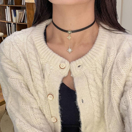 Unique Octagram Star Pendant Leather Rope Necklace Fashion Jewelry for Women