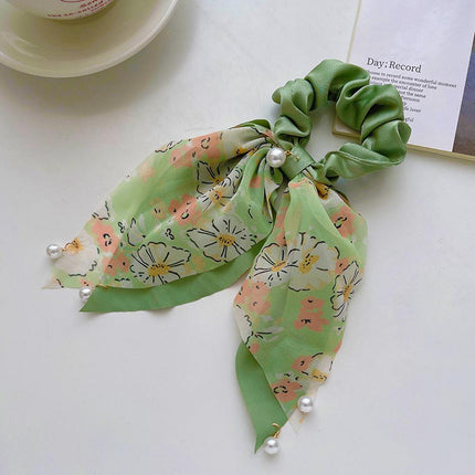 Vintage Boho Silk Bowknot Flower Hair Scrunchies Women Hair Bands Rope Pearl - Aimall
