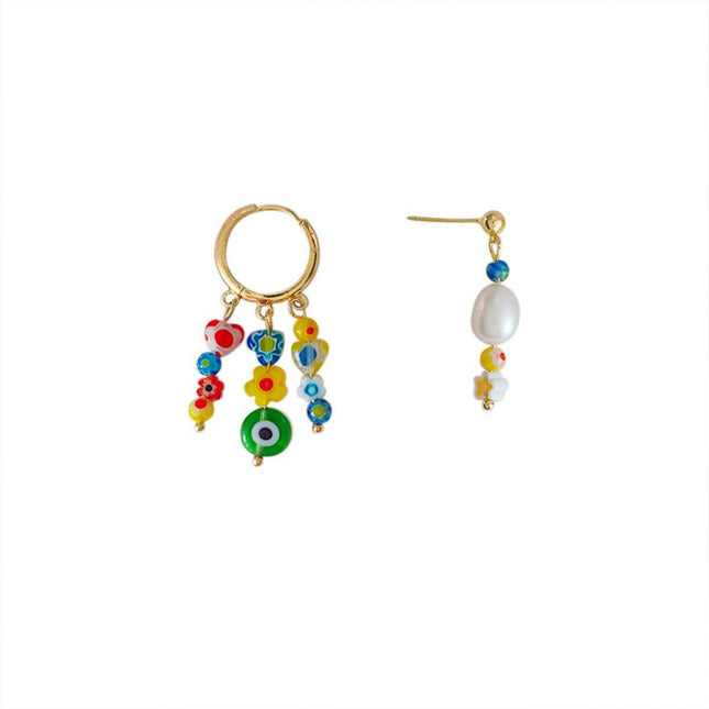 Vintage Asymmetrical Earrings Handmade Floral Glass and Pearl Drop Design for Women