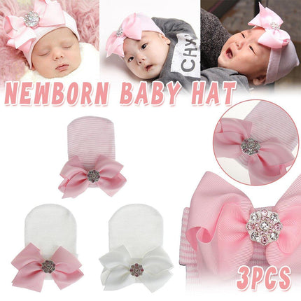 3PCS Baby Girl Knit Hat Pink Stripe Glitter Bow Newborn Pullover Warm Winter Cap