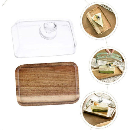 Wooden Square Cake Tray Dessert Tea Tray with Glass Cover Snack Patisserie Plate