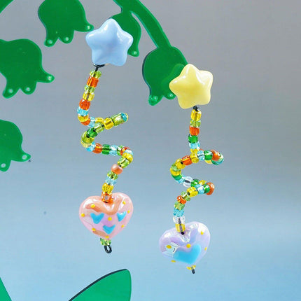 Colourful Beaded Resin Love Earrings Asymmetrical Cloud Drop Long Dangle Jewelry