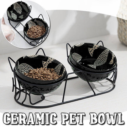 Double Ceramic Anti-Tipping Cat Dog Food and Water Bowl with Spine Fixed Design