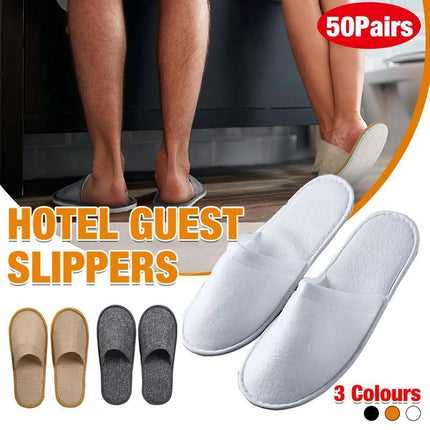 50 Pairs SPA Hotel Guest Slippers Closed Toe Disposable Terry Style Linen - Aimall