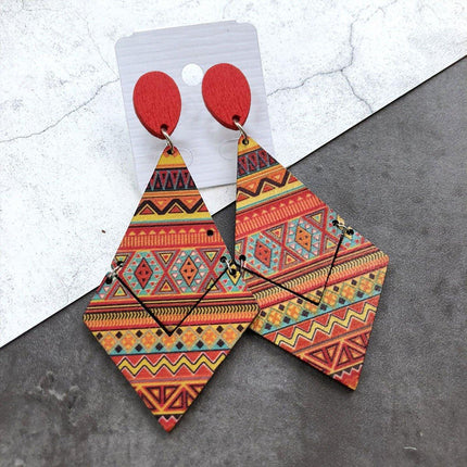 Boho Print Wood Earrings Diamond Shape Drop Dangle Fashion Jewelry for Women
