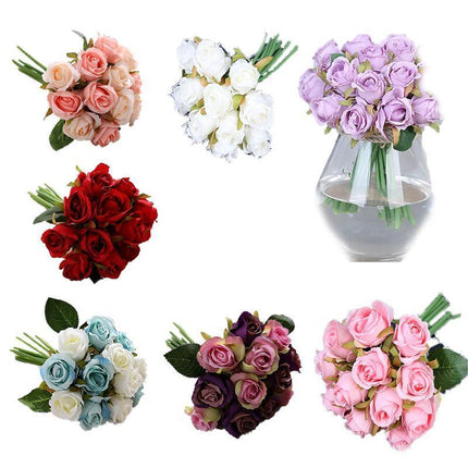 12 Heads Silk Rose Artificial Flowers Fake Bouquet - Aimall