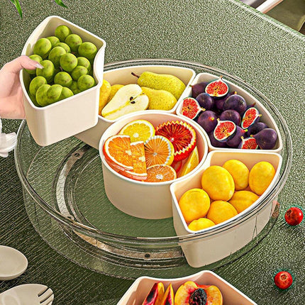 Six Compartment Rotary Fruit Plate Portable Round Snack Box with Lid for Home