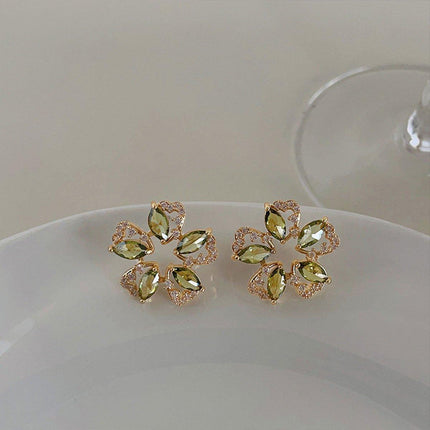 Luxury Olive Green Zircon Flower Earrings Fashion High-end Needle Earrings