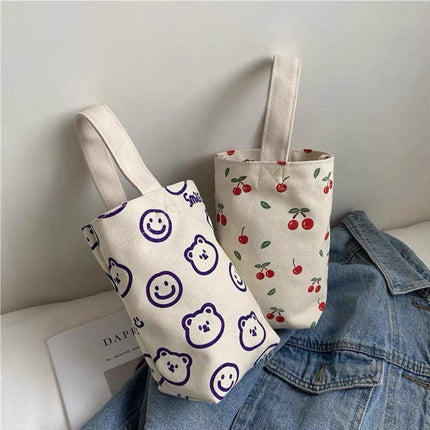 2pcs Cartoon Printed Canvas Bag Cute Casual Handbag Cup Holder Tote Bag Set